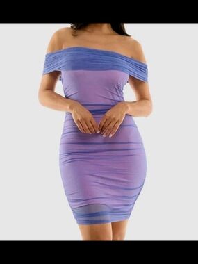 NWT Bebe Ruched Mesh Dress S Blue Pink Sheer Overlay Cowl Neck Bodycon Cocktail